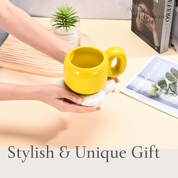 WHOLE HOUSEWARES | 2 Ceramic Coffee Mug - Aesthetic Chubby Cloud Mug - Trendy Cups with Unique Shape - Dishwashe-safe - Compatible For Coffee Or Tea - For Home and Office Use (Purple & Yellow)