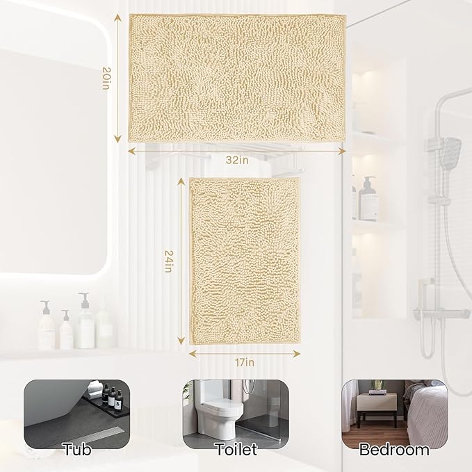 Bathroom Rugs 2 Pieces Chenille Bath Rug Mat, Extra Thick and Soft Absorbent Bath Rugs, Machine Washable, Non-Slip Plush Bath Mats for Tub, Shower, and Bath, (Milk White, 32"x20"+24"x16")