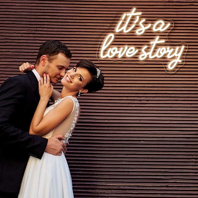 Its a Love Story Neon Sign, white USB Led Light Up Signs for Bedroom Aesthetic Birthday Wedding Party Gift Boyfriend Girlfriend Lover Women Men Room Bathroom Decoration Gift, 15.7 x 11.8 Inch