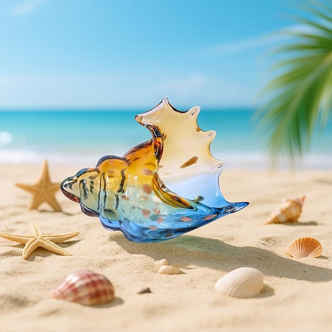 LCCCK Sea Glass Art Figurines Hand Blown Conch Shell Sculpture, Blue Sea Glass Decor Creative Conch Seashell Statue - for Coastal Room Decor Knick Knacks Home Decor Kitchen Decorations Above Cabinets