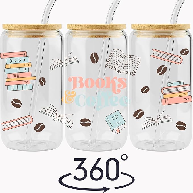 Book Lover Gift, Books & Coffee Glass Tumbler 16 oz, Gifts for Her, Bookish Gifts, Bookworm Club Gift, Secret Santa Present, College Birthday Reading Presents, Iced Coffee Glass with Lid and Straw