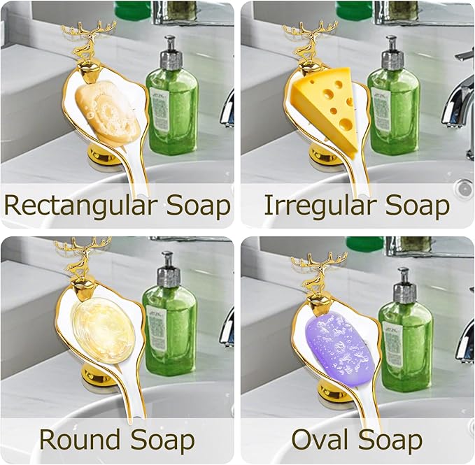 Leaf Shape Ceramic Soap Dishes - Self Draining Soap Dish for Shower, Bathroom Sink, Bathtub, Kitchen Counter (White)