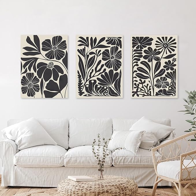 Framed Canvas Wall Art Set of 3, Minimalist Abstract Flower Floral Wall Art for Living Room, Boho Style Wall Decor Paintings, Modern Black Botanical Flower Art Print for Bathroom, Bedroom,