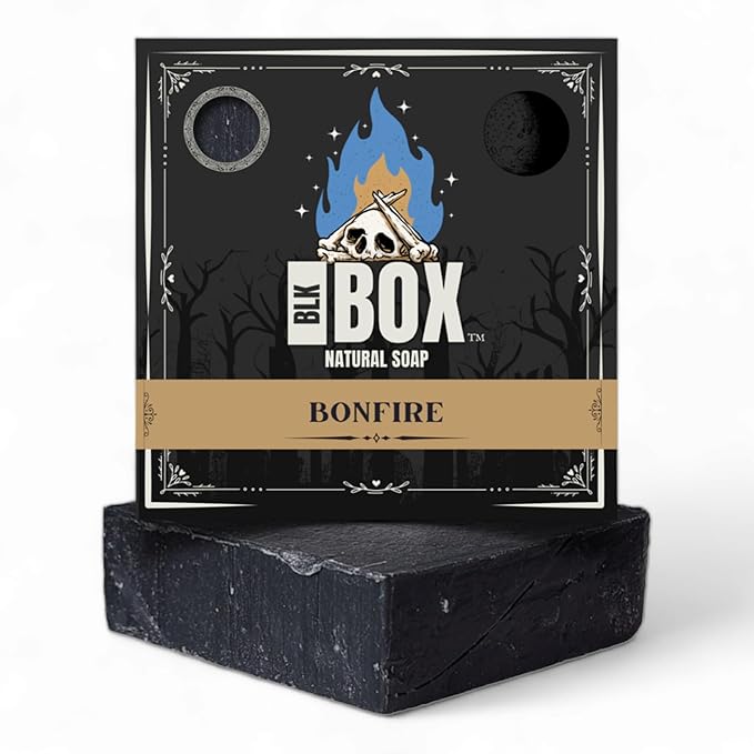 Black Box Limited USA MADE Men's Natural 5oz Bar Soap, Moisturizing Body Wash Made from Natural Oils - Handmade Cold Process No Harsh Chemicals Activated Charcoal Shea (Bonfire)