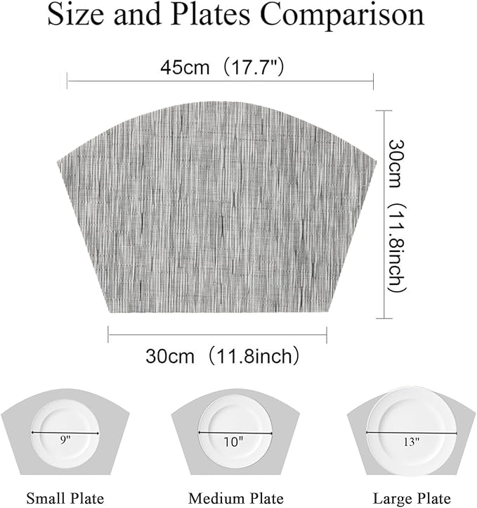 SHACOS Small Round Table Placemats Set of 4 Wedge Placemats Heat Resistant Woven Vinyl Table Mats Wipe Clean (4, Silver Gray)
