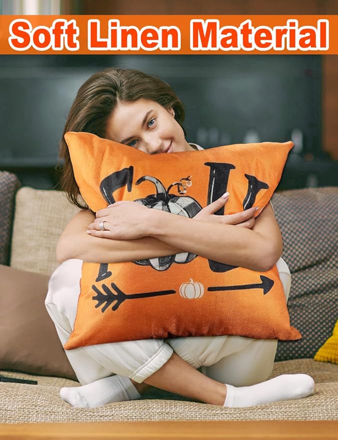 TOYPOPOR Fall Decorations Pillow Covers Double-Side Printing 18'' x 18'' Set of 4, Pumpkins Thankful Blessed Buffalo Plaid Fallen Leaves Thanksgiving Throw Cushion Cases for Outdoor Indoor Home Decor