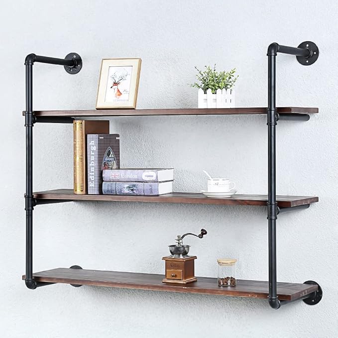 Industrial Pipe Shelving Wall Mounted,42in Rustic Metal Floating Shelves,Steampunk Real Wood Book Shelves,Wall Shelf Unit Bookshelf Hanging Wall Shelves,Farmhouse Kitchen Bar Shelving(4 Tier)