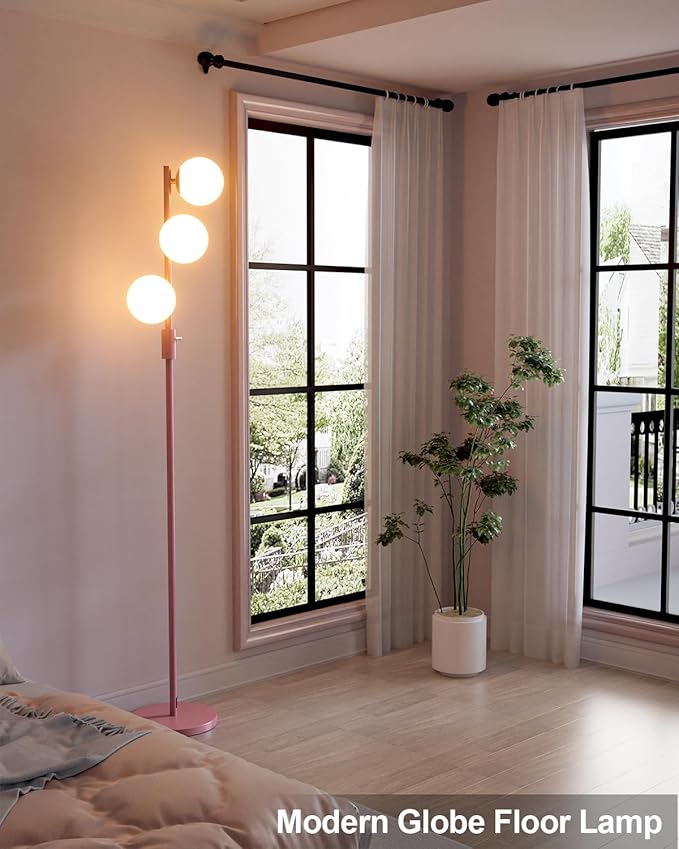 64IN Dimmable Pink Floor Lamp, Tall Standing Lamps with 3 Globe Soft Warm White Eye Care 3000K G9 Bulbs, Mid Century Modern Floor Lamp for Bedroom Office