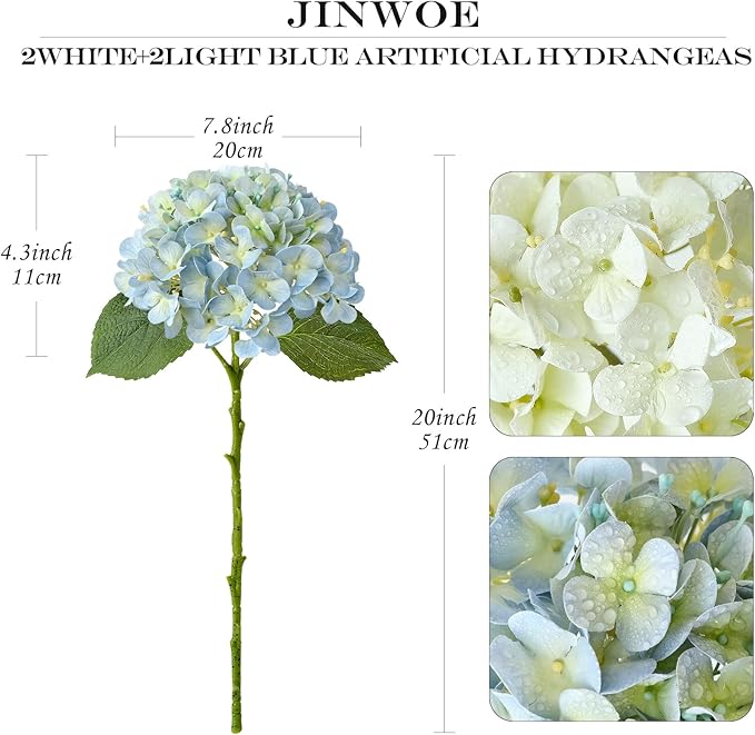 4Pcs Boho Faux Hydrangea Flowers, Blue/White 20" Real Touch Fall Artificial Hydrangea,Fake Silk Flowers for Dinning Tables Party Outdoor Home Cemetery Kitchen Wedding Bouquet