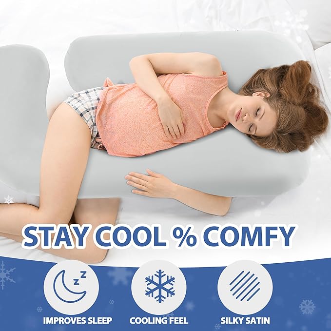 Cooling Pregnancy Pillow Cover (ONLY Pillowcase), Q-Max 0.4 U Shaped Luxurious Smooth Maternity Pillow Cover with Hidden Zip, Cool Large Pillow Protector for Side Hot Sleeper, Grey, 58x32 in