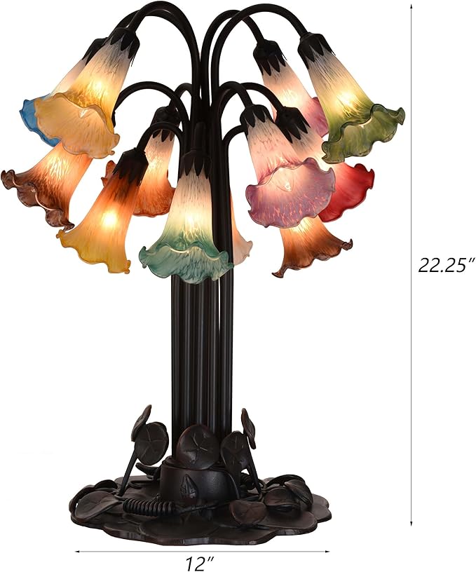 Bieye L10952 Lily Flower Blown Glass Accent Table Lamp for Living Room Bedroom Decoration (Multicolor, 12-Light)