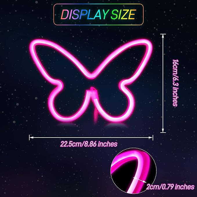 Riakrum 2 Pcs Butterfly Neon Signs LED Light 3AA Battery Powered USB Operated Wall Neon Light Decor Butterfly Wall Art for Christmas Home Bedroom Birthday Party Decor(Pink)