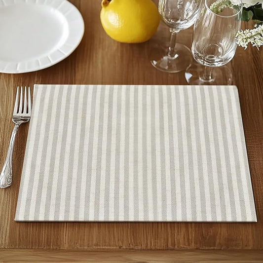 JINCHAN Linen Striped Placemats Set of 4 Gray Farmhouse Cloth Place Mats Sturdy Table Mats Soft Washable Placemats for Kitchen Dining Table Double Layer Heat Resistant Tablemats 13x19 Inch Grey