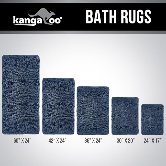 KANGAROO Bathroom Rugs, Chenille Soft Absorbent Bath Rug, Shaggy Shower Mat, Quick Dry Machine Wash Bathmat, Plush Carpet Mats for Tub, Bathtub and Room Home Decor Accessories, 42x24, Navy Blue