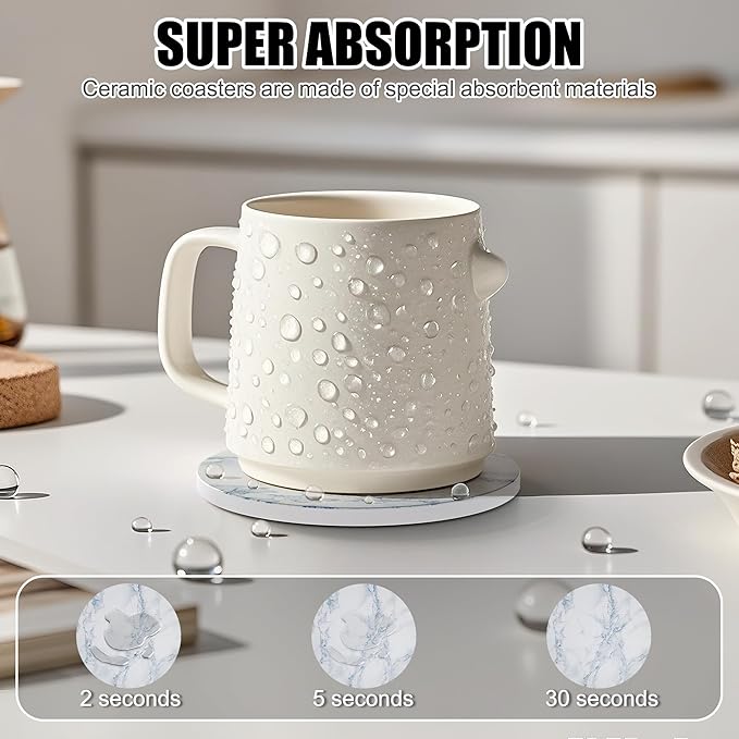 Coasters for Drinks Set of 8, Absorbent Ivory Marble Style Marble with Metal Golden Holder, Ceramic Coaster Set Cup Mat for Home Decor, Bar, Kitchen, Party