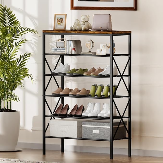 6 Tiers Metal Shoe Rack,Large Capacity Shoe Rack Holds 24 Pairs of Shoes, Durable and Stable, Adjustable Metal Shelf Stackable Shoe Shelf for Entryway, Hallway, Living Room, Closet