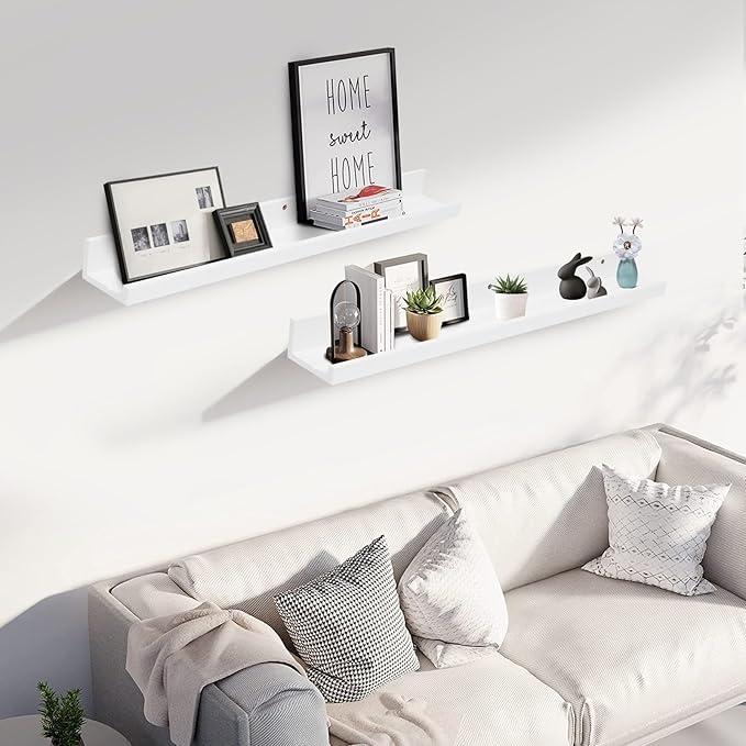 Muzilife 35.4" Large Floating Wall Ledge Shelves with Lip - Set of 2 Wood Floating Shelves - White Wall Mounted Picture Ledge for Office, Bathroom, Bedroom, Living Room, Kitchen