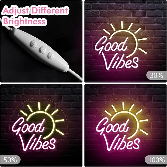Good Vibes Neon Sign, Battery or Usb Powered Neon Signs for Wall Decor, Adjustable Brightness Good Vibes Signs(12.8 x 11.8 inches)