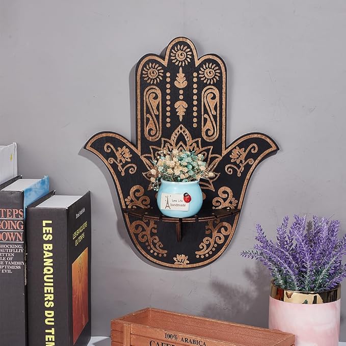 CREATCABIN Hamsa Crystal Display Shelf Hamsa Hand Wooden Wall Decor Crystal Holder Shelves Lotus Wall Mounted Floating Shelf Stand for Witch Stuff Altar Supplies Spiritual Gift Black 9.8 x 11.8Inch