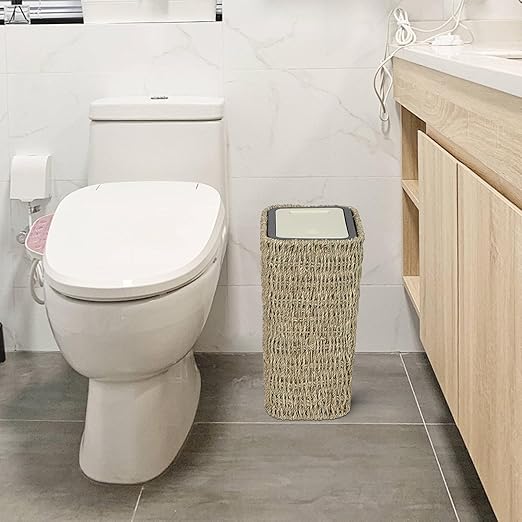 Boho Trash Can with Lid,3 Gallon Small Rattan Trash Can with Press Top Lid,Slim Wicker Waste Basket and Hamper 2 in 1 for Bathroom,Seagrass Woven Garbage Can Trash Basket for Bathroom,Kitchen