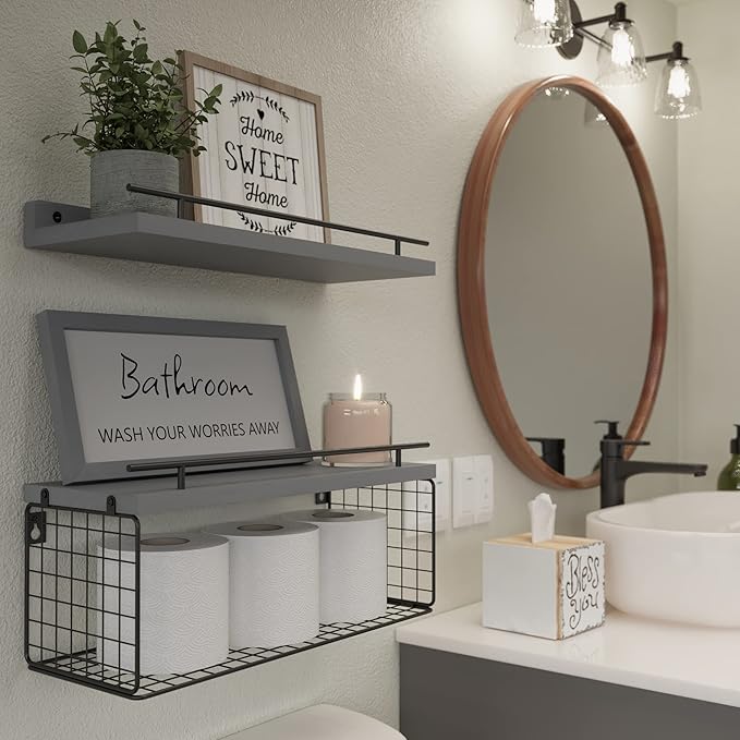WOPITUES Floating Shelves for Bathroom Wall Decor Sign, Bathroom Organizers and Storage, Bathroom Shelves Over Toilet with Metal Guardrail-Modern Grey