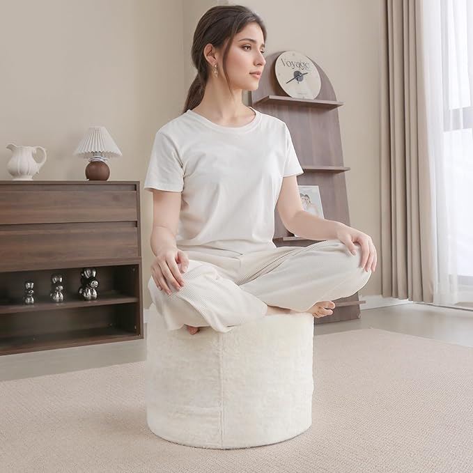 Tiita Round Stuffed Pouf Ottoman, Plush Poufs with Foam Chunk Filling, Foot Rest Stool for Living Room, Cream
