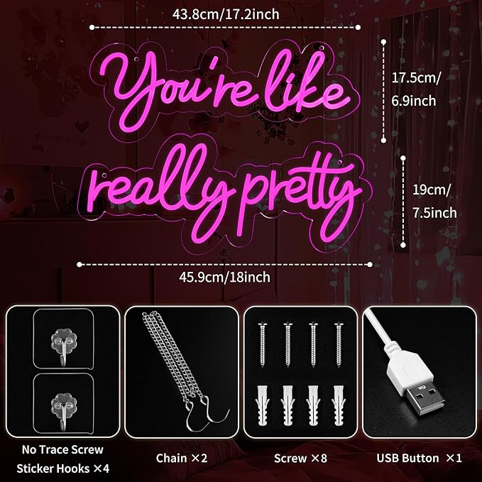 35x7 Inch Large You're Like Really Pretty Neon Signs for Wall Decor, Pink Led Neon Light Art Salon Wedding,Bachelorette Party Teen Girls Room Dimmable Switch USB Power