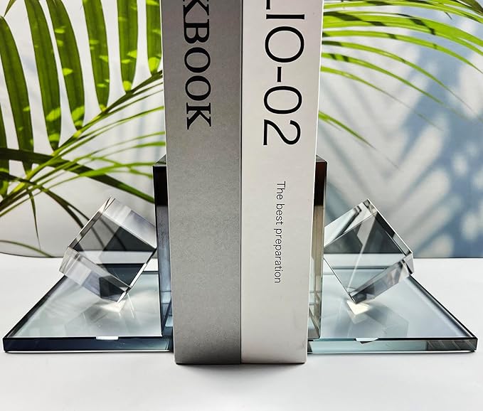 Crystal Bookends Decorative Glass Book Holders Heavy Duty Book Ends with Cube for Shelf Decor Unique Book Stopper Gray