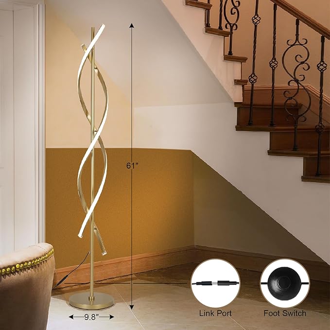 61" LED Floor Lamp for Living Room, 40W 3 Colors Stepless Dimmable and Color-Changing Bright Floor Standing Lamp,Unique Spiral Floor Tall Lamp for Bedroom Office with Remote (Gold)