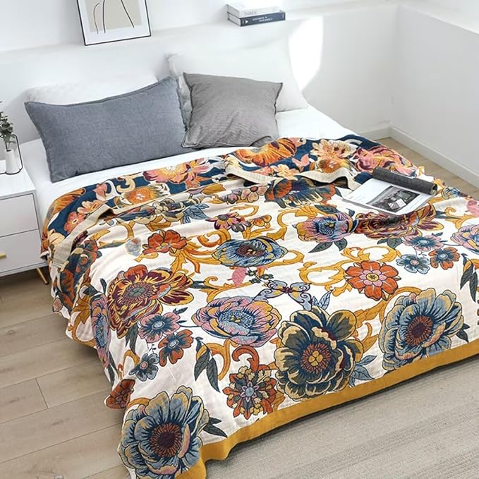 Boho Throw Blankets for Bed Couch, 100% Soft Cozy Cotton Throw Blanket Boho 80"x90",Lightweight Reversible Muslin Blanket Decor Blankets for Armchair Travel