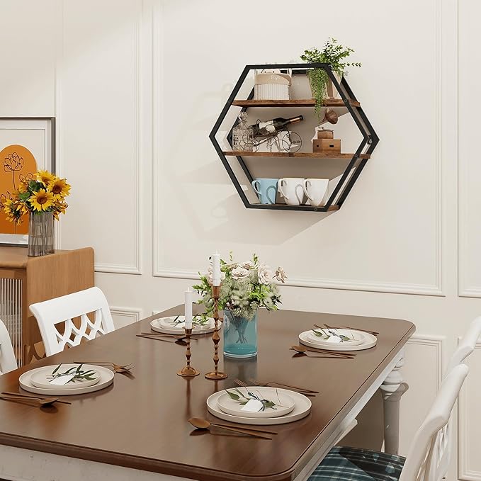 Hexagon Shelves for Wall, Hexagon Floating Shelves, Decorative Geometric Shelf for Wall Decor, Farmhouse Style Shelves for Bathroom Living Room, Rustic Brown Black