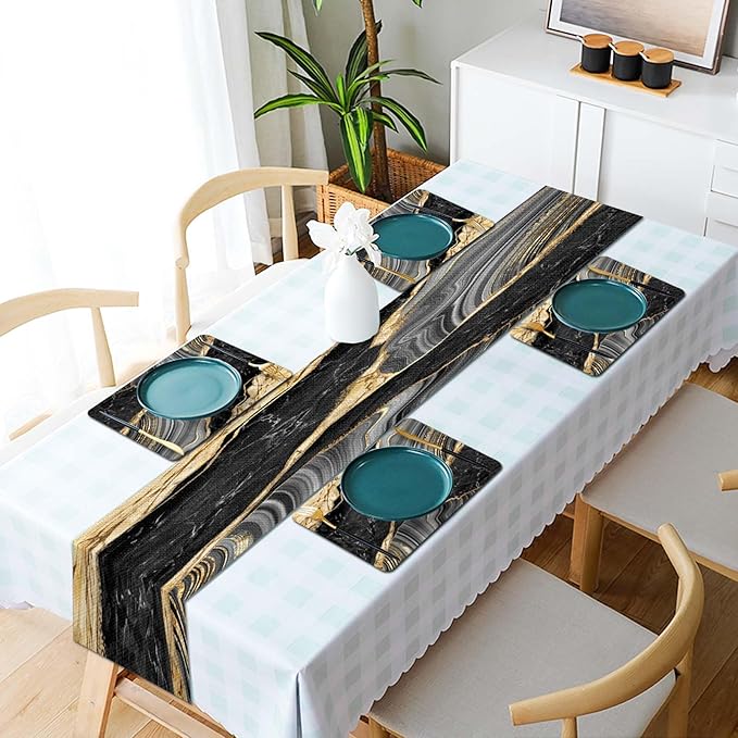 Mcalk Black Marble Table Runner and Placemats Set of 6 Pieces, Gold Marble Placemats, Modern Cloth Place Mats Indoor for Kitchen,Washable Linen Material for Dining Table