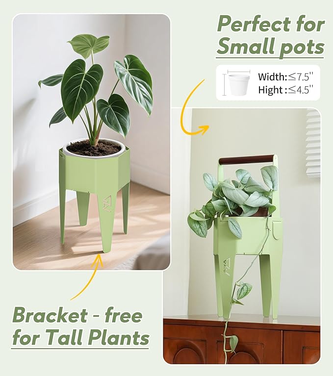 Planter with Stand, Metal 2 in 1 Portable Planter with Grow Bags & Handle, Stable Stylish Indoor Plant Pots with Stand, Modern Flower Pots Outdoor, 7.5'' x 17.3'', Green, Plant Not Included