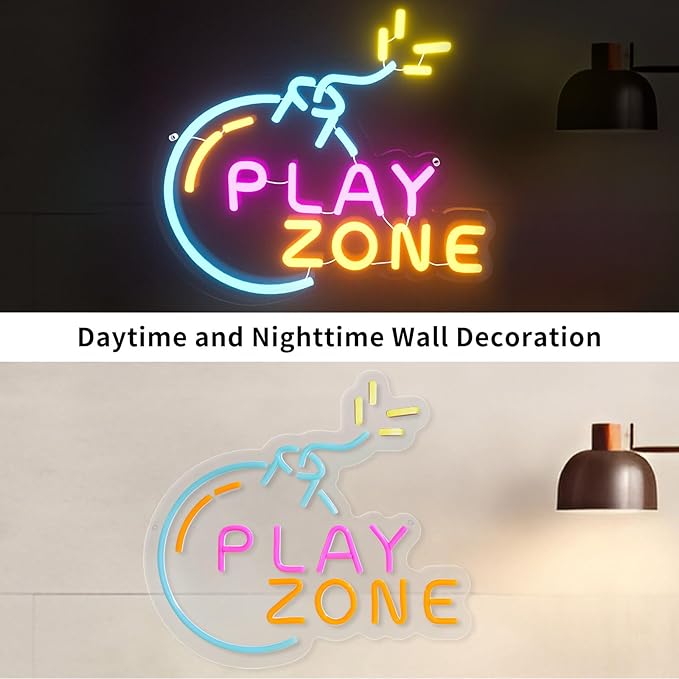 Play Zone Neon Sign for Wall Decor, Bomb Gamer Neon Light for Man Cave, LED Sign with Dimming Switch for boys Kids, Teen Gaming Room, Bedroom, Bar Decor, Party & Holiday Decorations, 5V Power Adapter