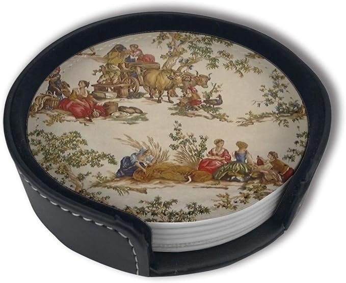 Vintage French Country Print Coasters for Drinks with Holder Leather Coasters Set of 6 Table Decor Protect Furniture from Water Marks Scratch and Damage