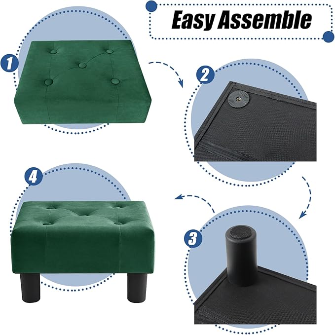BRIAN & DANY Small Foot Stool, Velvet Foot Stools with Legs, Stable Small Footstool for Living Room, Green