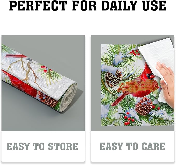 Giwawa Winter Birds Placemats Set of 4, Christmas Tree Holly Berry Pine Cones Place Mat for Kitchen Dining, Xmas Snow Scene Non-Slip Washable Table Mats 12"x18" for Tabletop Holiday Party Decor