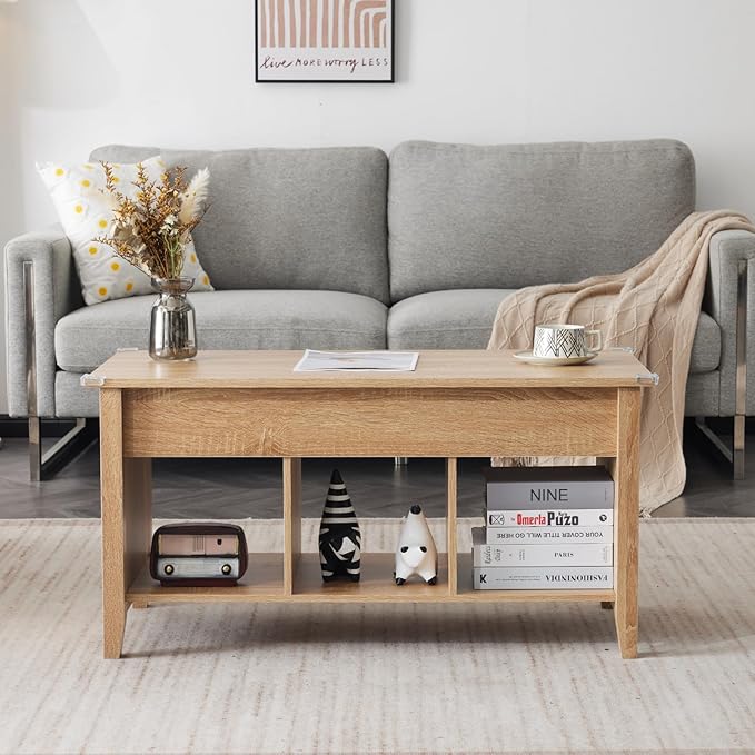 VINGLI Lift Top Coffee Table, Oak Top with Rattan Frame, Farmhouse Cross-Sided Design, with Storage Shelf/Hidden Compartment, Gas Lift Mesa De Centro para Sala Pop Up Coffee Table