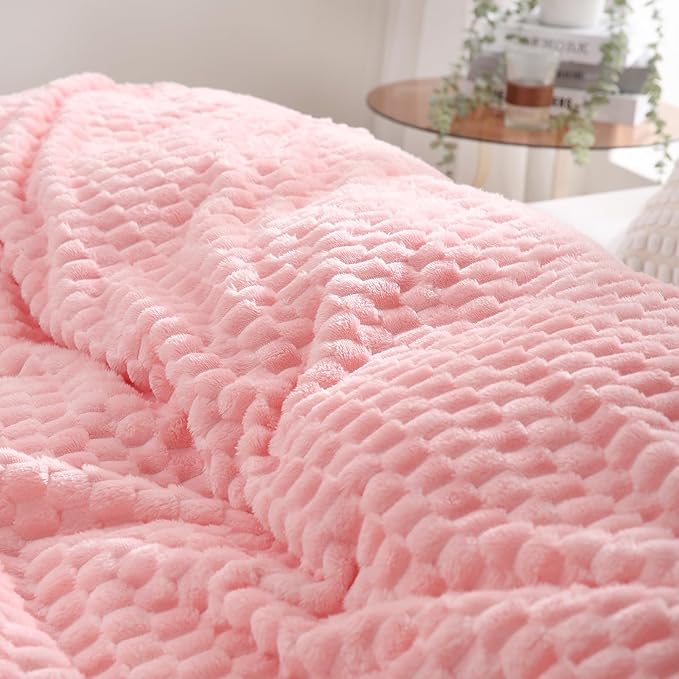 Puncuntex Light Pink Throw Blanket 90"×90" inches Fuzzy 3D Jacquard Decorative Flannel Fleece Super Soft Plush Cozy Blanket for Couch Sofa Chair Lightweight