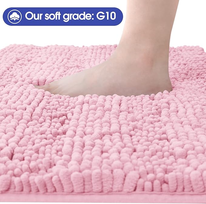 ACCUMTEK Striped Pink Bathroom Rug Set 3 Pieces Ultra Soft, Non Slip Chenille Toilet Mat, Absorbent Plush Shaggy Bath Mats for Bathroom, Bedroom, Kitchen