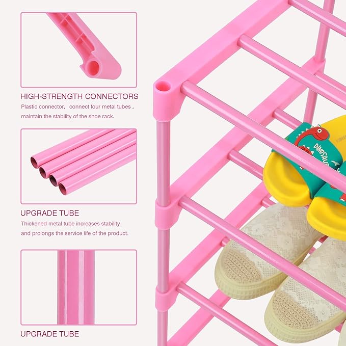 4-Tier Free Standing Shoe Racks for 6-8 Pairs Shoe Storage,Kids Shoe Racks for Small Place,Lightweight Stackable Shoe Shelf Organizer for Entryway, Doorway and Closet,Pink