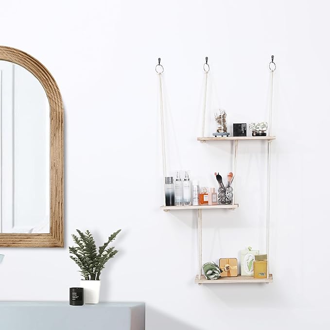 LOSOUR Hanging Shelves for Wall, 3 Tier Boho Wall Decor Hanging Plant Shelf Floating Shelves Rope Rustic Wood Organizer Storage Hanger Rack for Bedroom Kitchen Bathroom Living Room (Brown, Medium)