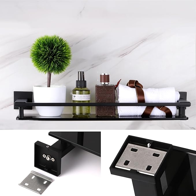 Black Bathroom Shelves Glass Shelf 20-Inch Floating Tempered Glass Shelf Rectangular Modern Stainless Steel Wall Mounted Shelves for Shower Bathroom Kitchen Organizers Accessories ,A7613AB