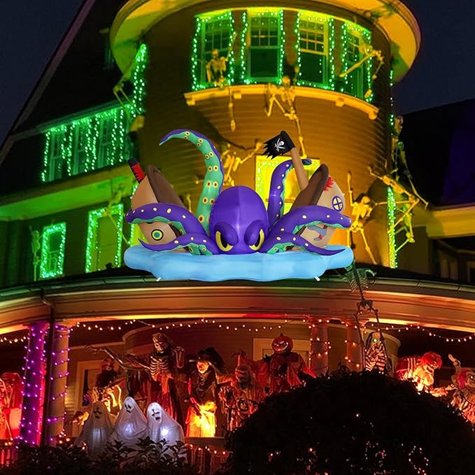 Juegoal Halloween Inflatable Lighted Giant Octopus Attacked Pirate Ship, 7.5FT Long Spooky Purple Octopus & Haunted Ship with Lights, Animated Halloween Yard Prop, Outdoor Garden Lawn Blow up Decor