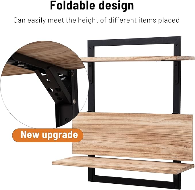 24-Inch Floating Shelves for Wall,3-Tier Wooden Wall Mounted Kitchen Shelves with Foldable Brackets,Hanging Wall Shelves for Living Room, Coffee Bar,Bedroom, Bathroom,Rustic Brown