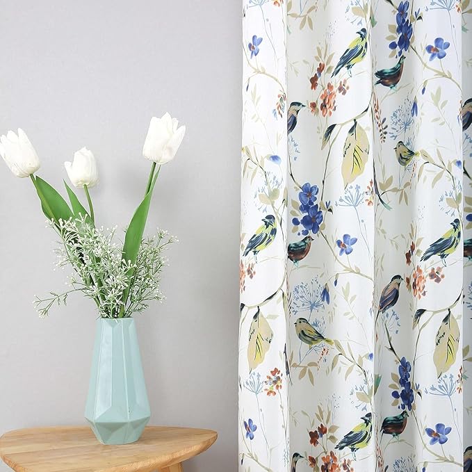 Leeva Living Room Curtains 63 Inch Length, Light Filtering Window Treatments for Bedroom, Linen Textured Blue Birds Patterned Living Room Curtains for Window, Grommet, 42 x 63 Inches