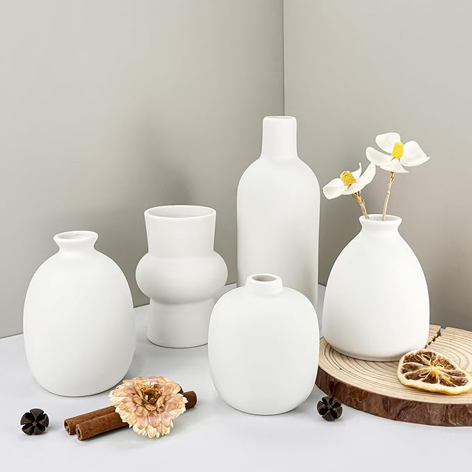 White Ceramic Vase Set of 10, Small Ceramic Flower Vases Bulk Bud Vases for Wedding Table Centerpieces Decor Pampas Grass Modern Boho Home Party Decor DIY Gift