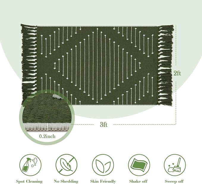 LIVEBOX Boho Bathroom Rug 2' x 3' Washable Green Rugs Small Moroccan Throw Rug for Bath,Cotton Woven Area Rug Carpet with Tassel for Entryway Kitchen Sink Front Door