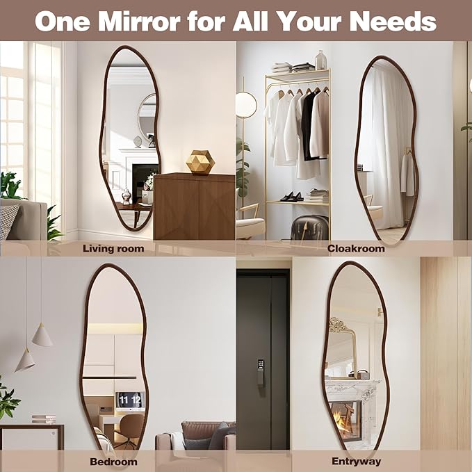 Irregular Full Length Mirror, 65"x22" Wooden Farmhouse Full Body Mirror, Large Asymmetrical Wall Mirror, Decorative Wall Mounted Mirrors for Living Room Entryway, Horizontal/Vertical, Walnut