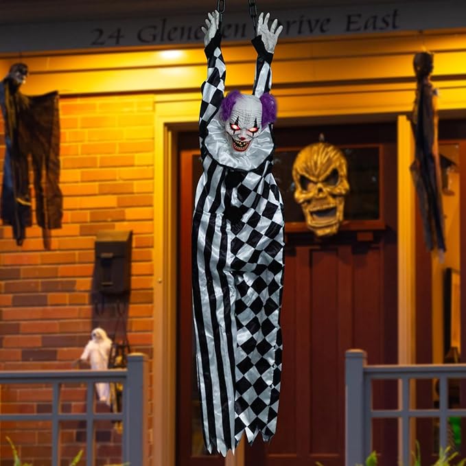 HollyHOME Halloween Animated Hanging Clown with Glowing Eyes Creepy Sound and Shaking Body Halloween Decorations Outdoor Scary Haunted House Outdoor Prop Decor 60'' Black